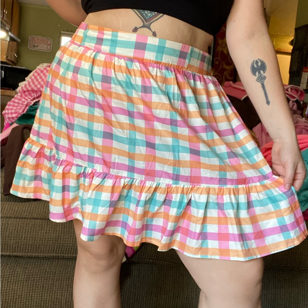 Pink orange plaid ruffle mini skirt